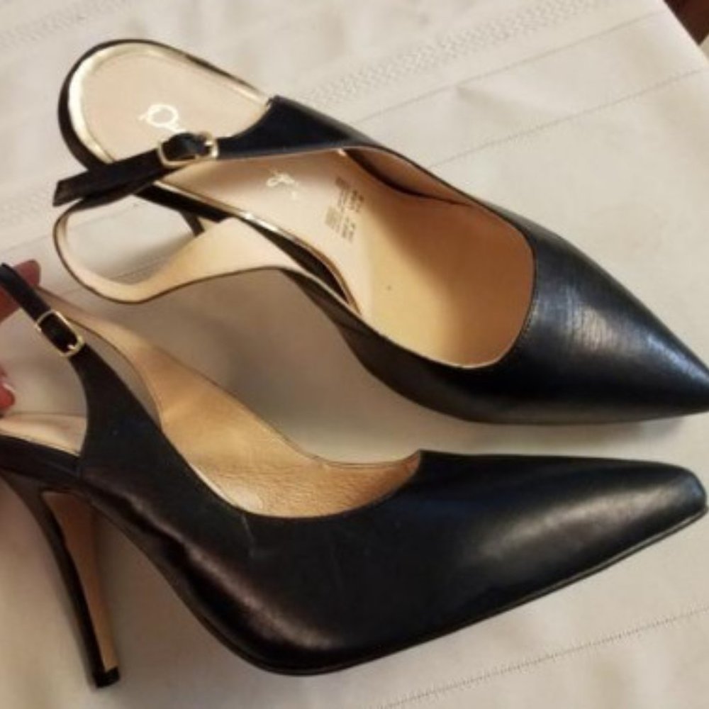 Navy kid leather sling back stiletto